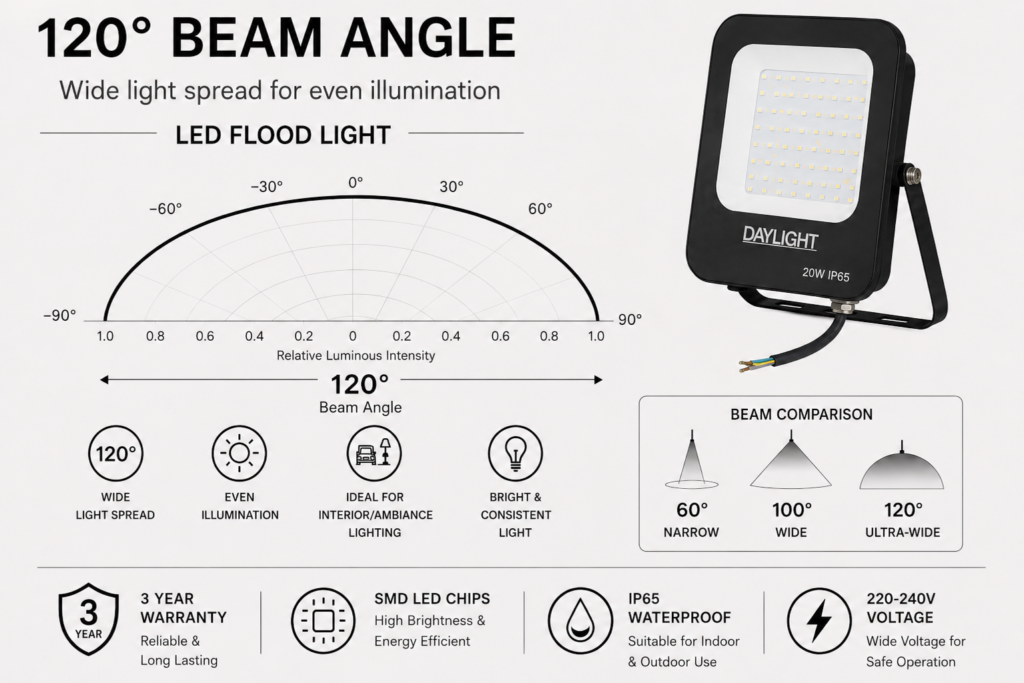 led flood light 20w prime day night range / 2000 lumens / area 70 m² / 6000k daylight / 120° angle