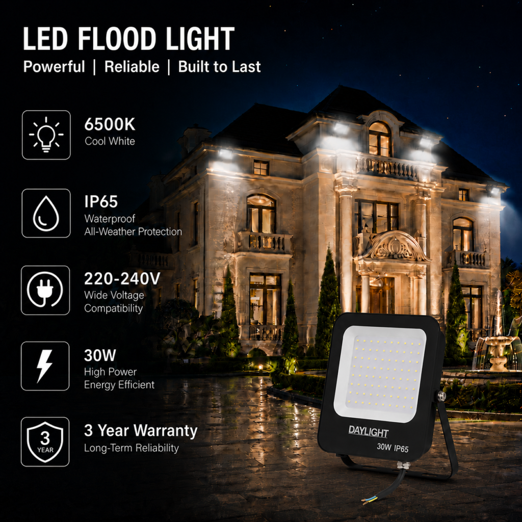 led flood light 30w prime day night range / 3000 lumens / area 100 m² / 6000k daylight / 120° angle