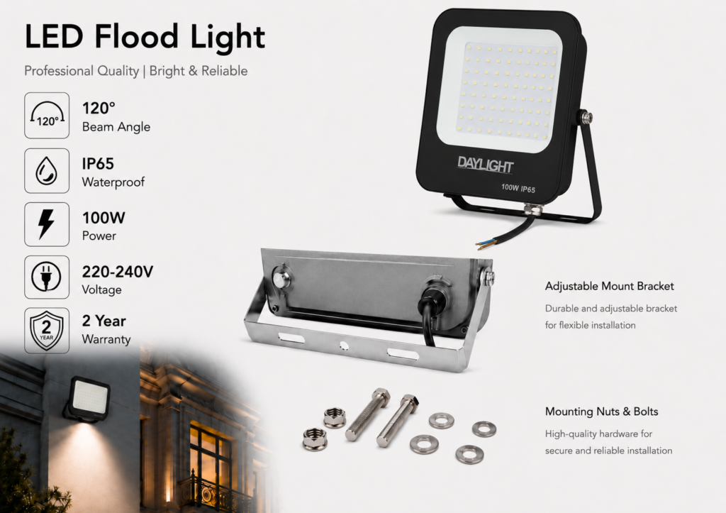 led flood light 100w prime day night range / 10 000 lumens / area 300 m² / 6000k daylight / 120° angle