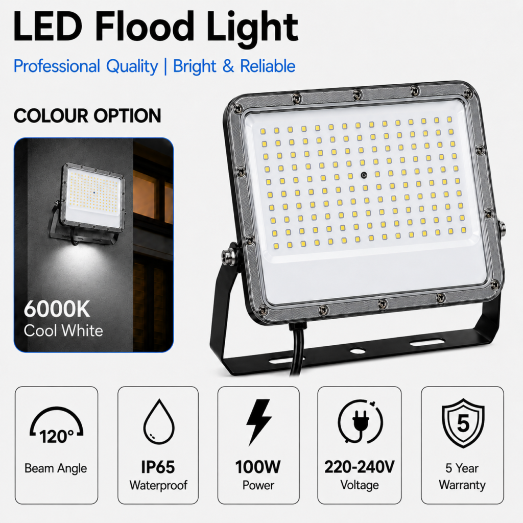 led flood light 100w premier coastal range / 11 000 lumens / area 300 m² / 6000k daylight / 120° angle