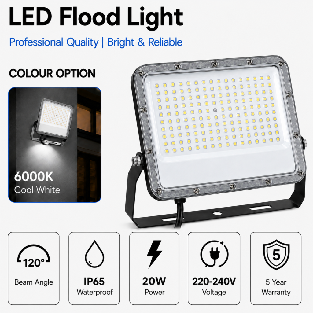 led flood light 20w premier coastal range / 2200 lumens / area 100 m² / 6000k daylight / 120° angle