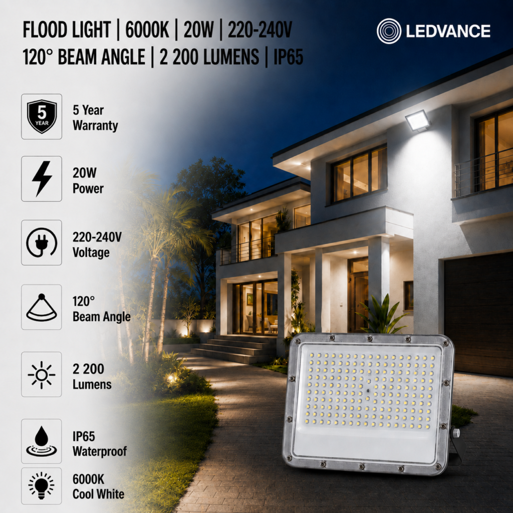 led flood light 20w premier coastal range / 2200 lumens / area 100 m² / 6000k daylight / 120° angle