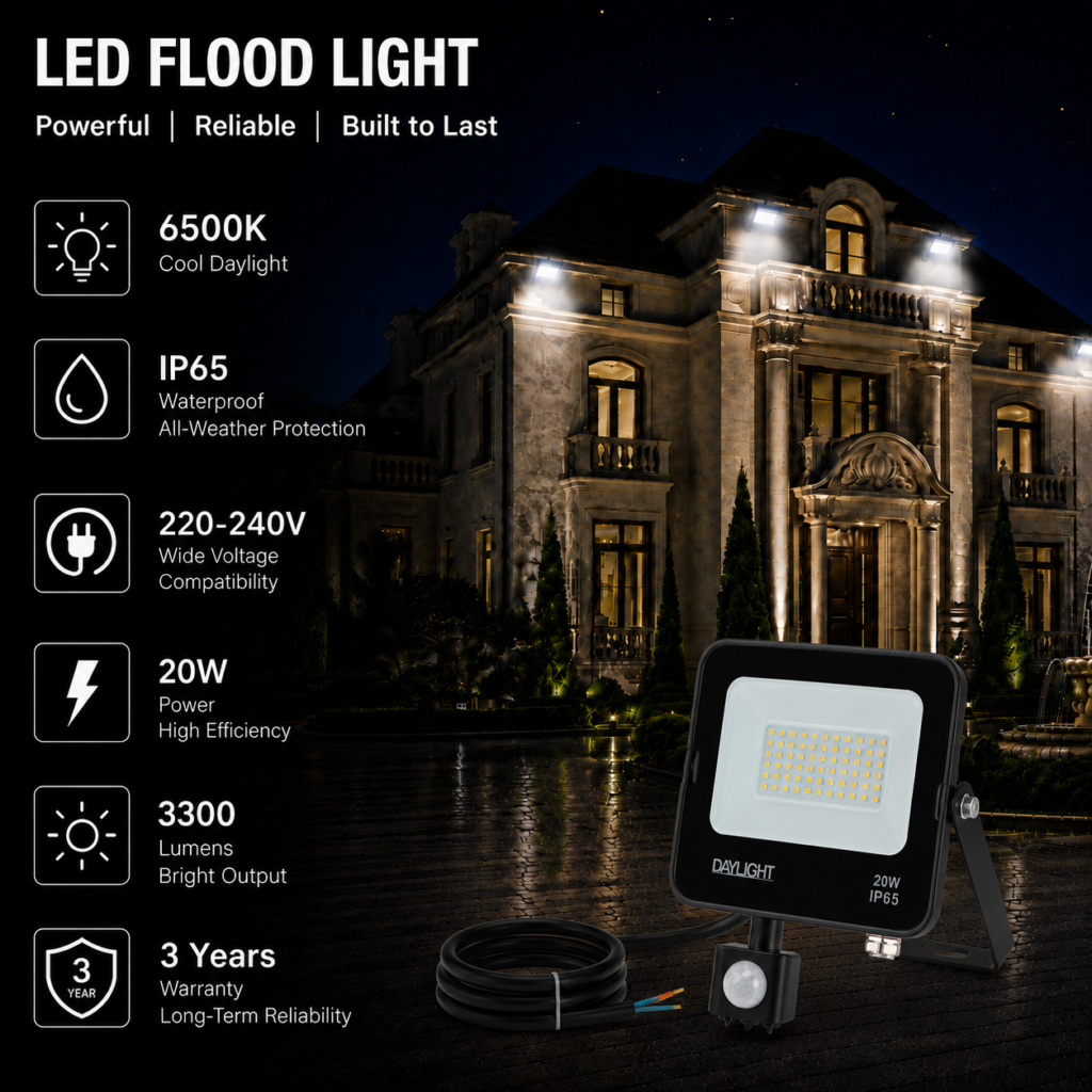 led flood light / 30w / motion sensor / 3300lm / 6500k / 3 year warranty