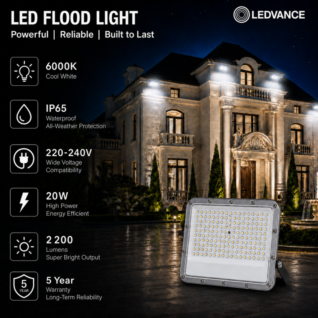 led flood light 20w premier coastal range / 2200 lumens / area 100 m² / 6000k daylight / 120° angle