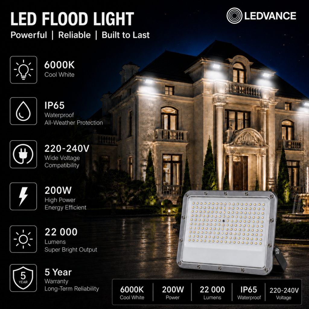 led flood light 200w premier coastal range / 22 000 lumens / area 500 m² / 6000k daylight / 120° angle