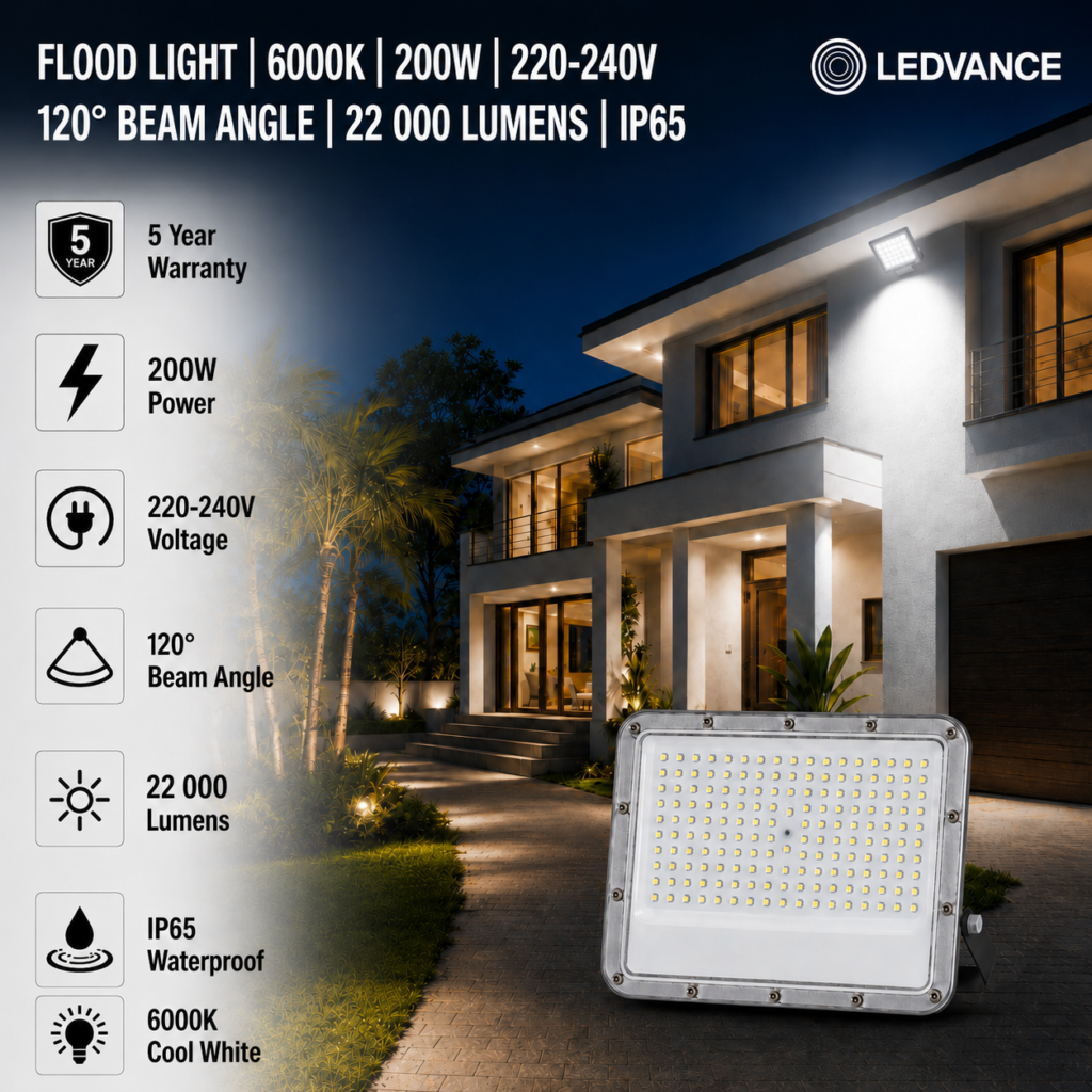 led flood light 200w premier coastal range / 22 000 lumens / area 500 m² / 6000k daylight / 120° angle