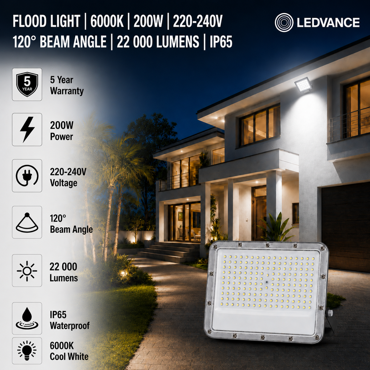 led flood light 200w premier coastal range / 22 000 lumens / area 500 m² / 6000k daylight / 120° angle