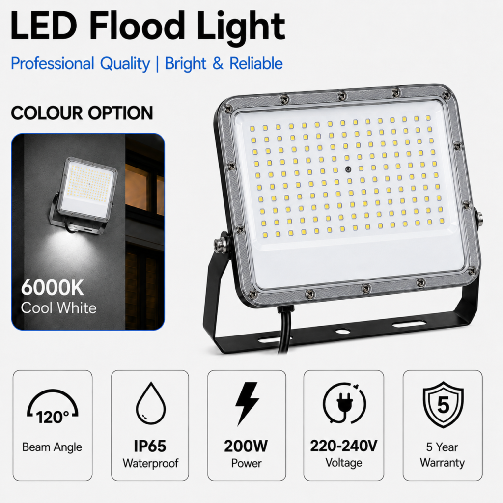 led flood light 200w premier coastal range / 22 000 lumens / area 500 m² / 6000k daylight / 120° angle
