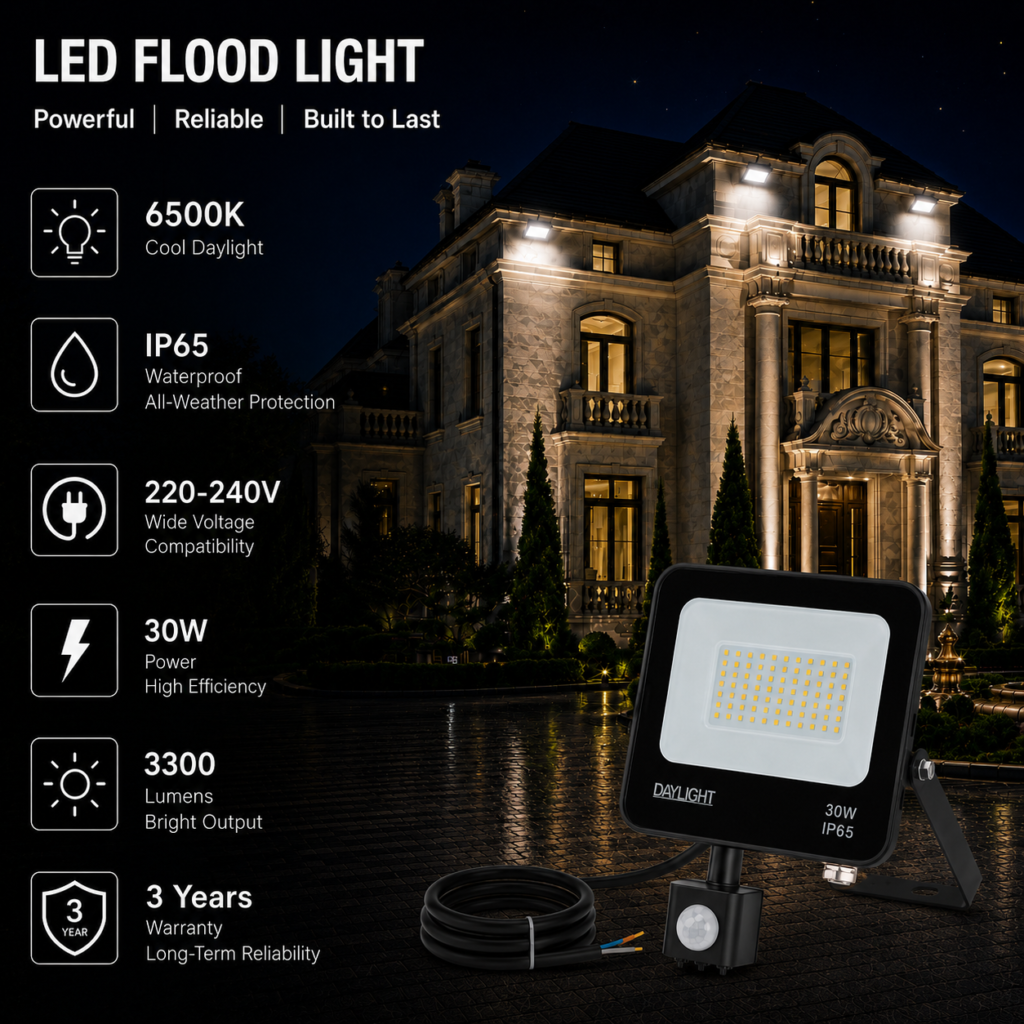 led flood light / 30w / motion sensor / 3300lm / 6500k / 3 year warranty