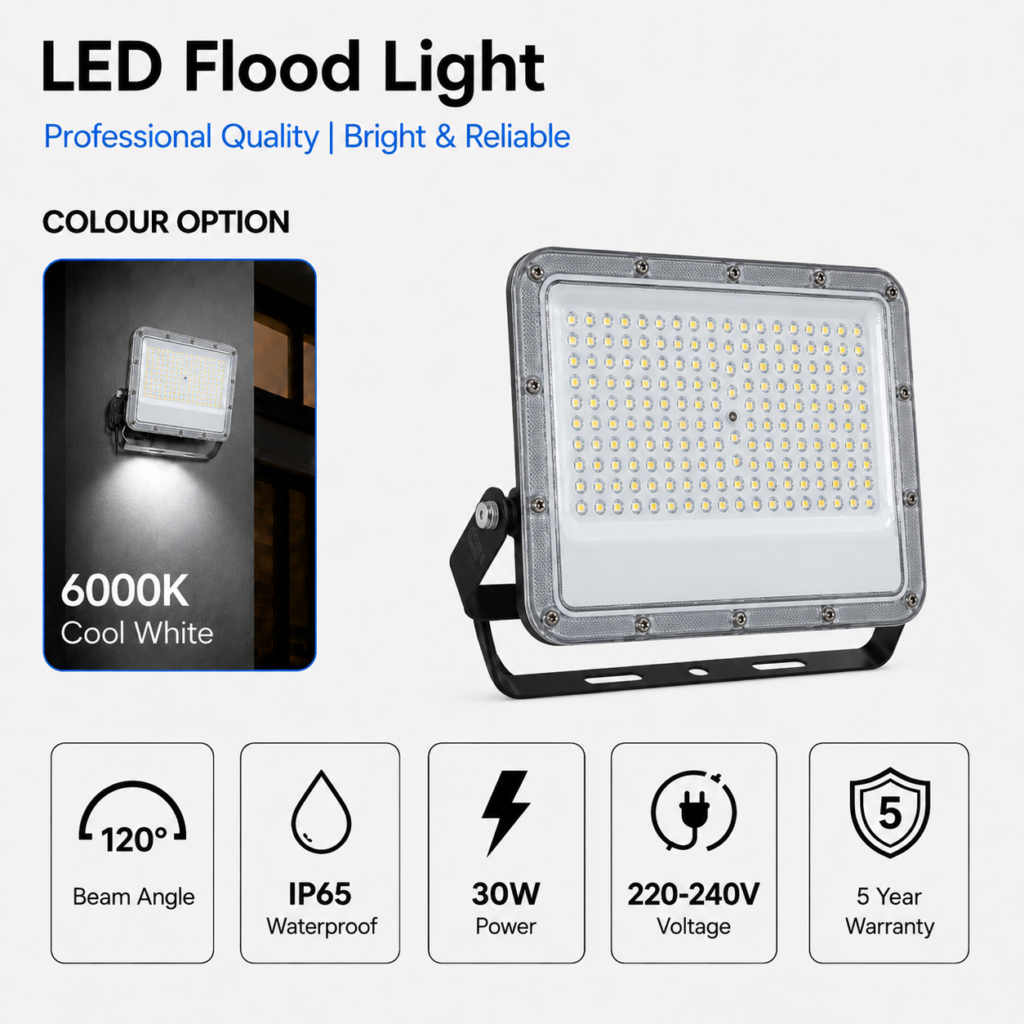 led flood light 30w premier coastal range / 3300 lumens / area 100 m² / 6000k daylight / 120° angle