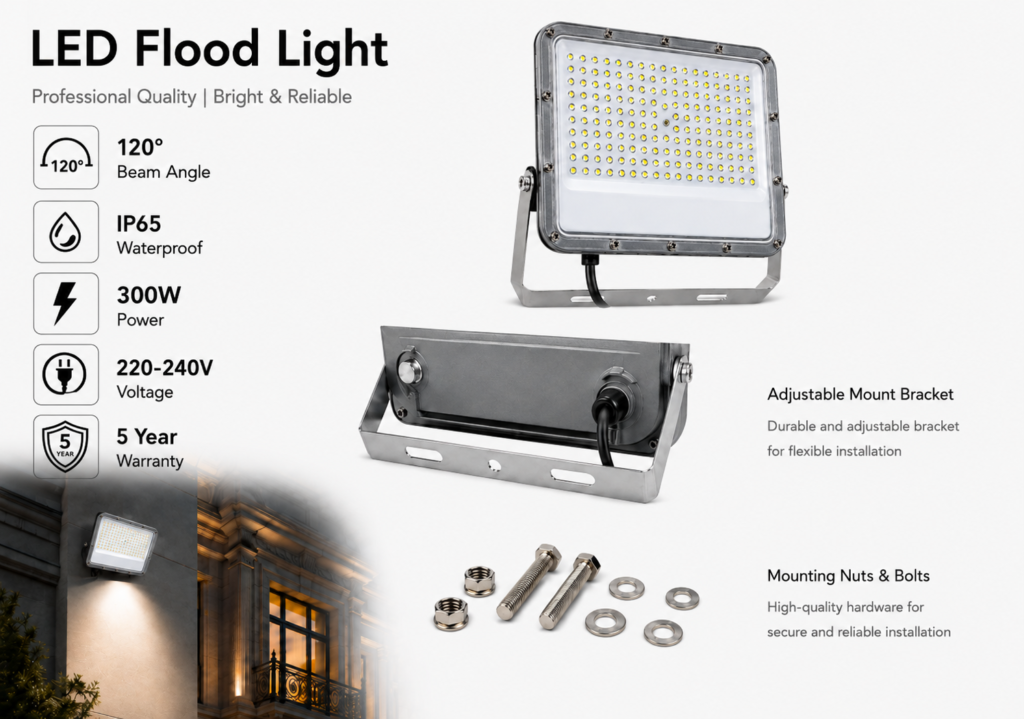led flood light 300w premier coastal range / 33 000 lumens / area 500 m² / 6000k daylight / 120° angle