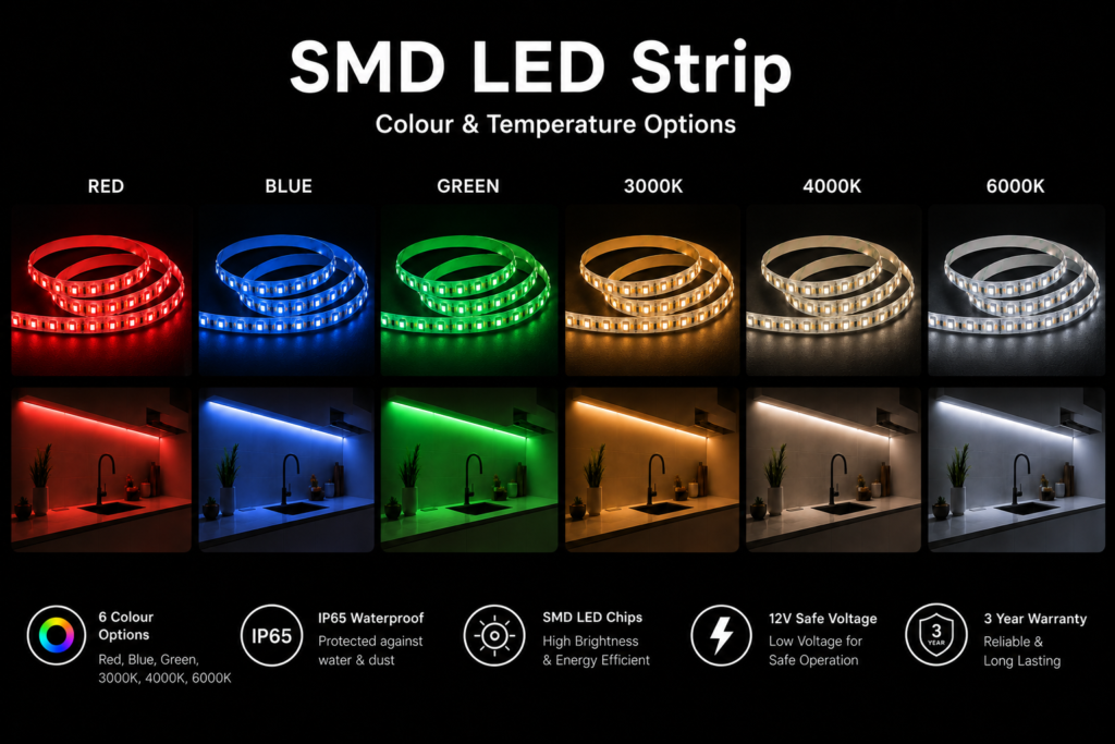 led strip lights / smd / 12v / 5.8w/m / 3000k / 4000k / 6000k / red / blue / green / ip65 / 3 year warranty