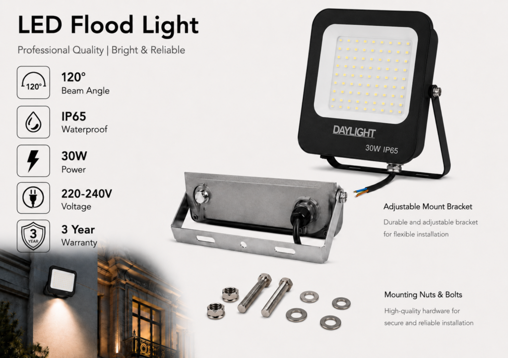 led flood light 30w prime day night range / 3000 lumens / area 100 m² / 6000k daylight / 120° angle
