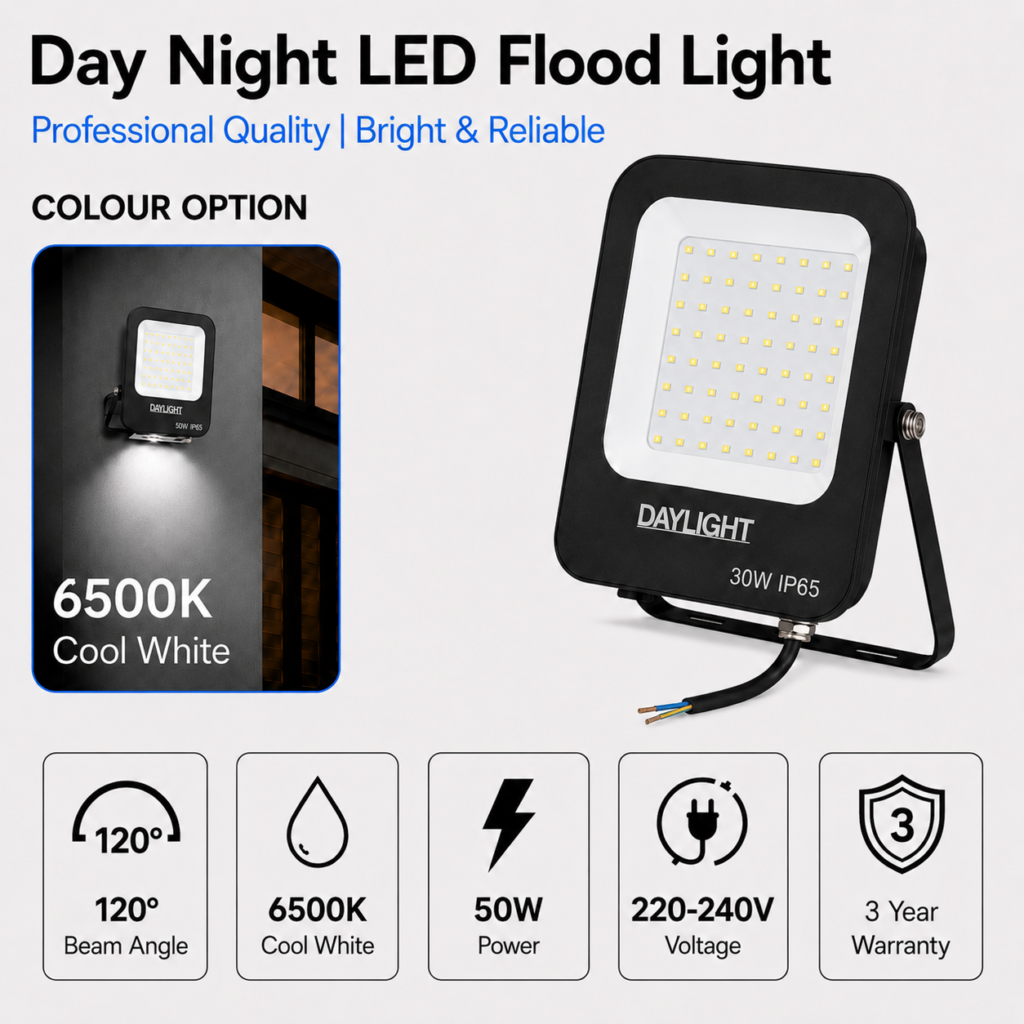 led flood light 50w prime day night range / 5000 lumens / area 250 m² / 6000k daylight / 120° angle