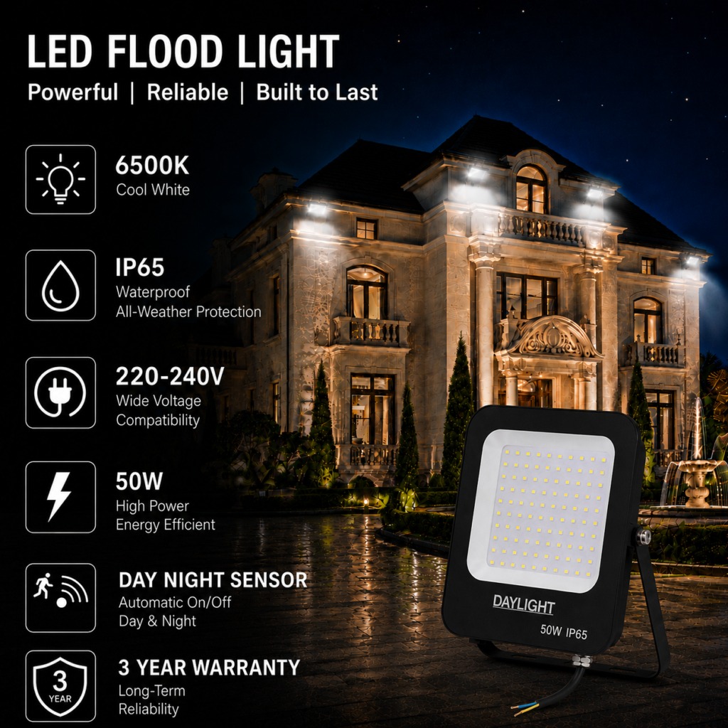 led flood light 50w prime day night range / 5000 lumens / area 250 m² / 6000k daylight / 120° angle