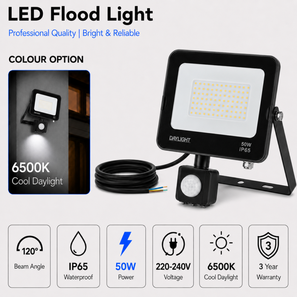 led flood light / 50w / motion sensor / 4400lm / 6500k / 3 year warranty
