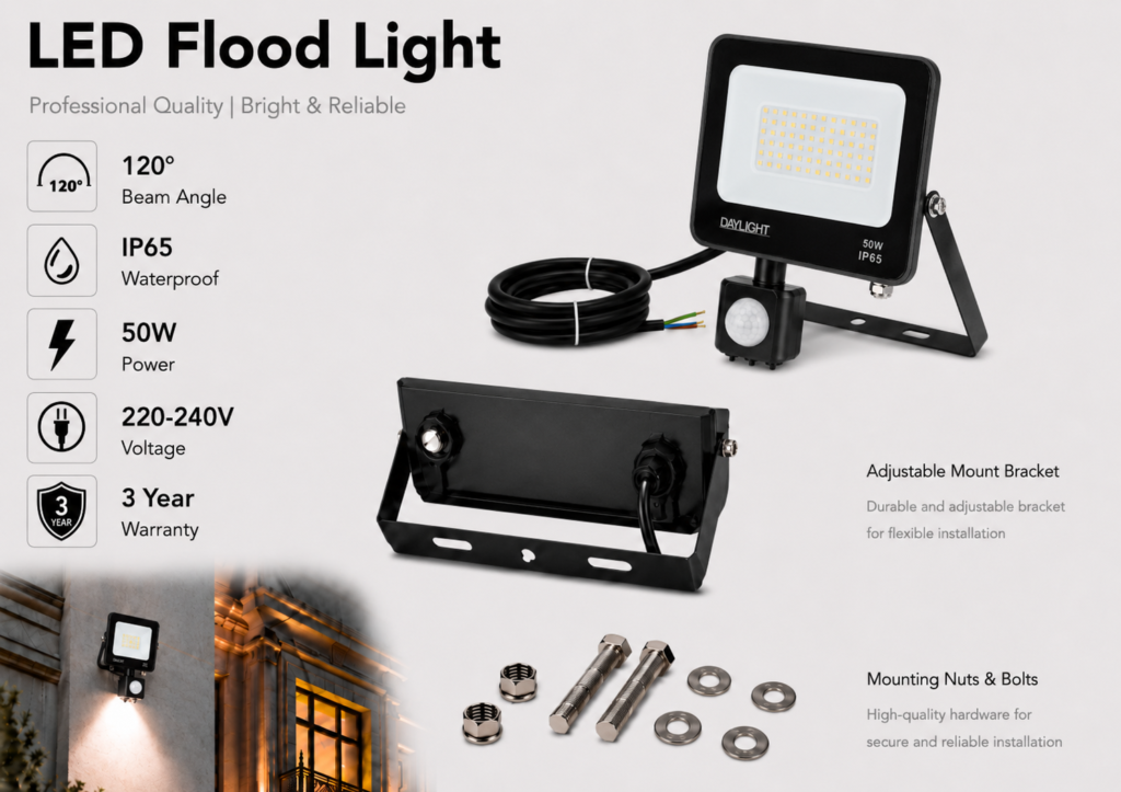 led flood light / 50w / motion sensor / 4400lm / 6500k / 3 year warranty