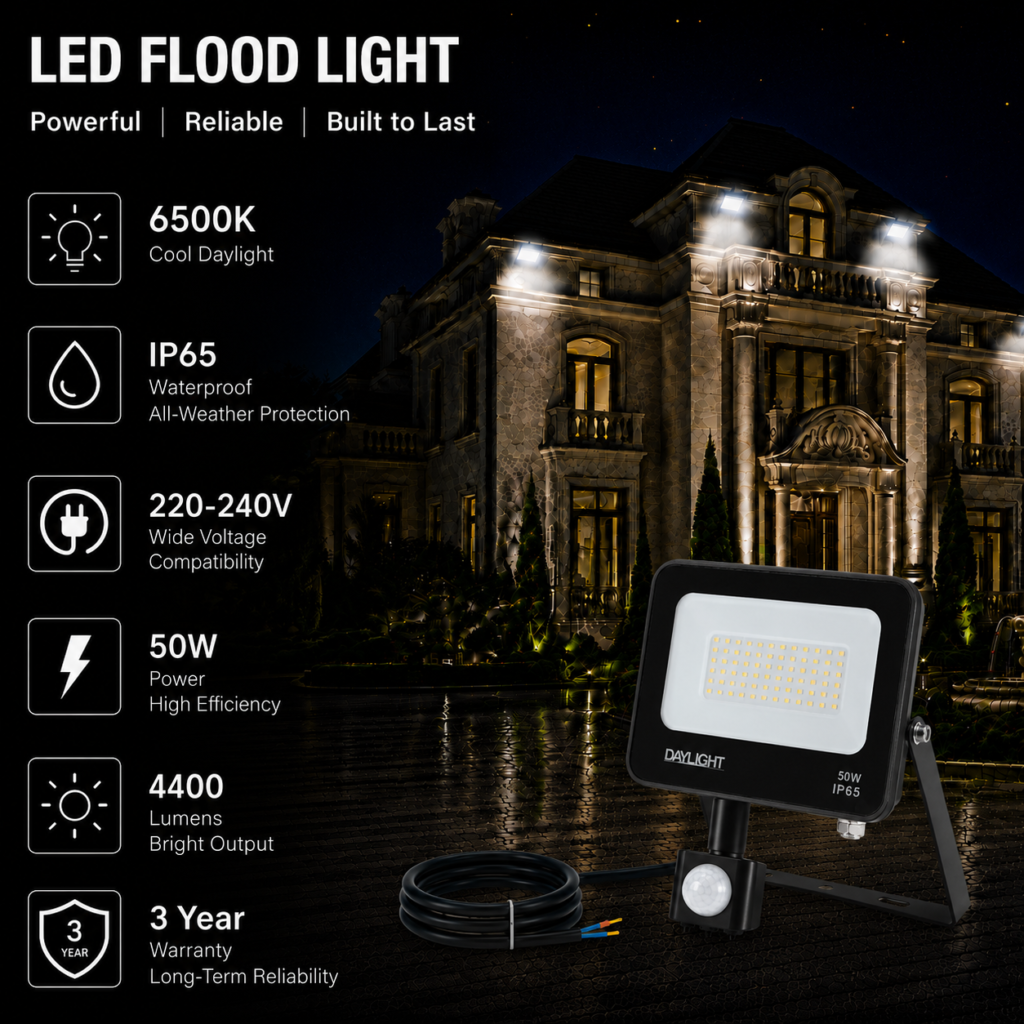 led flood light / 50w / motion sensor / 4400lm / 6500k / 3 year warranty