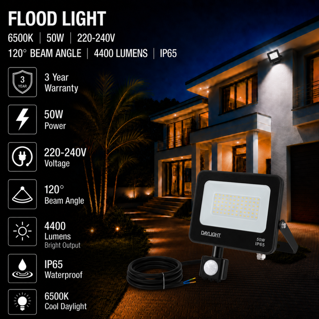 led flood light / 50w / motion sensor / 4400lm / 6500k / 3 year warranty