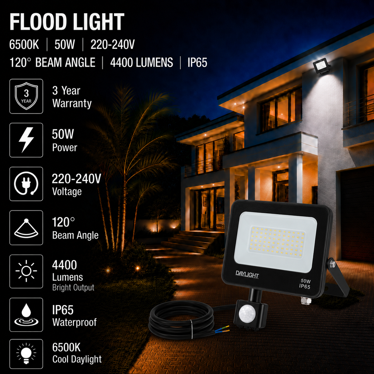 led flood light / 50w / motion sensor / 4400lm / 6500k / 3 year warranty