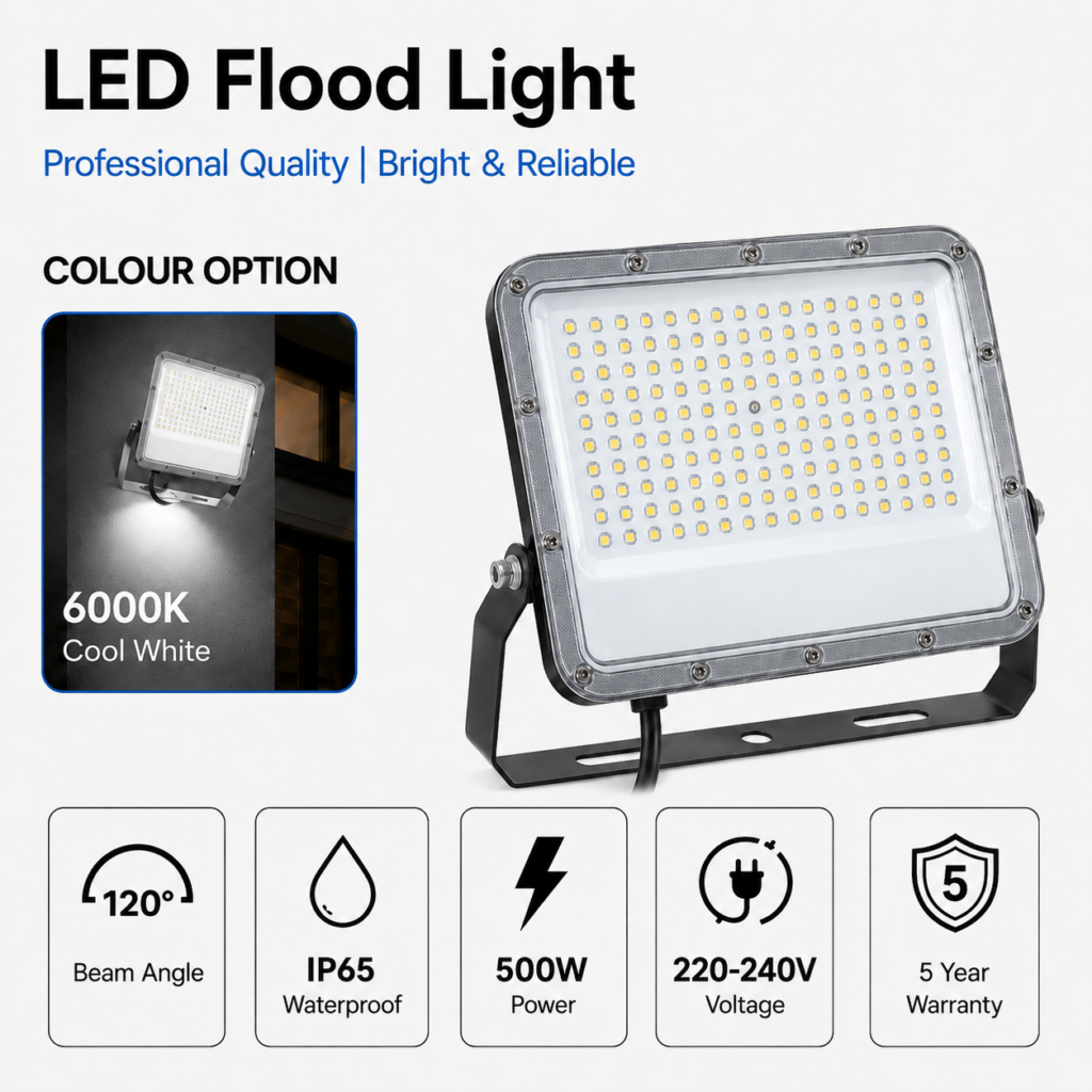 led flood light 500w premier coastal range / 55 000 lumens / area 500 m² / 6000k daylight / 120° angle