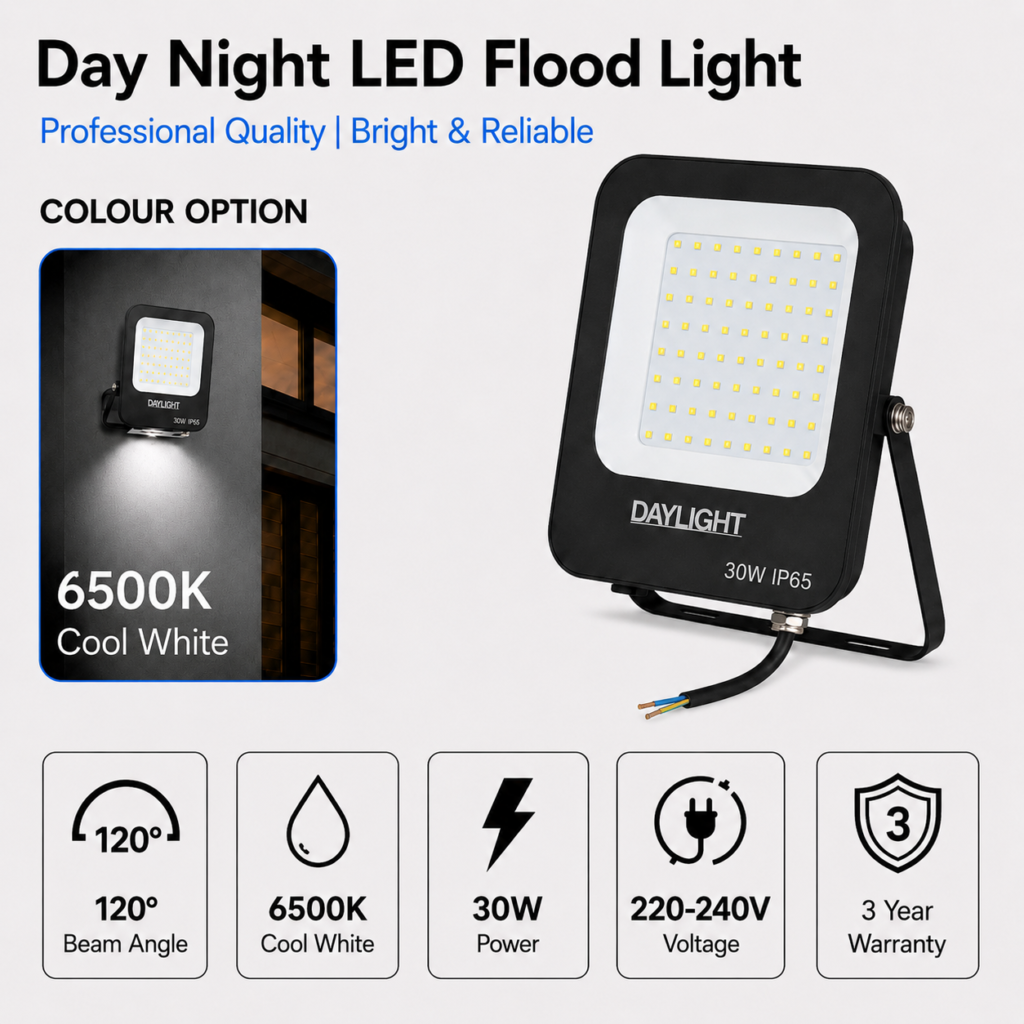 led flood light 30w prime day night range / 3000 lumens / area 100 m² / 6000k daylight / 120° angle