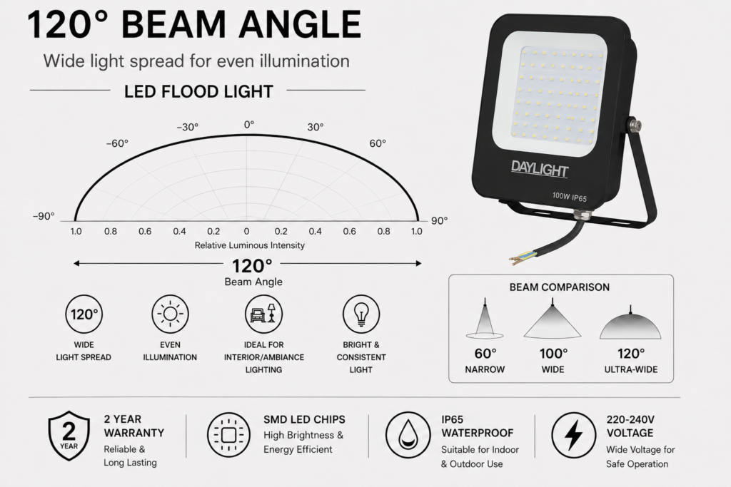 led flood light 100w prime day night range / 10 000 lumens / area 300 m² / 6000k daylight / 120° angle