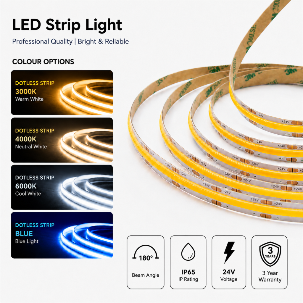led strip lights / cob / 24v / 10w/m / warm / natural / cool white / blue / ip65 / 3 year warranty