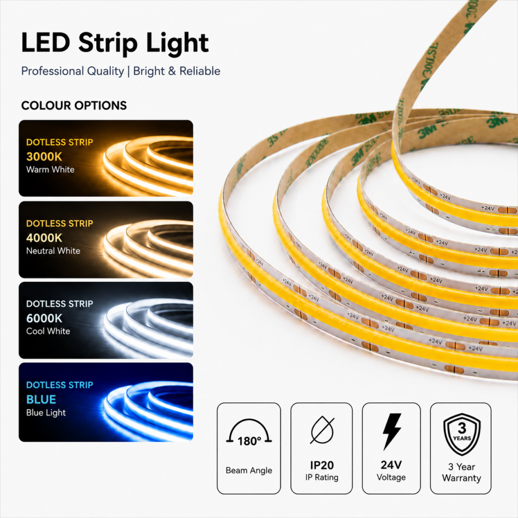 led strip lights / cob / 24v / 10w/m / warm / natural / cool white / ip20 / 3 year warranty