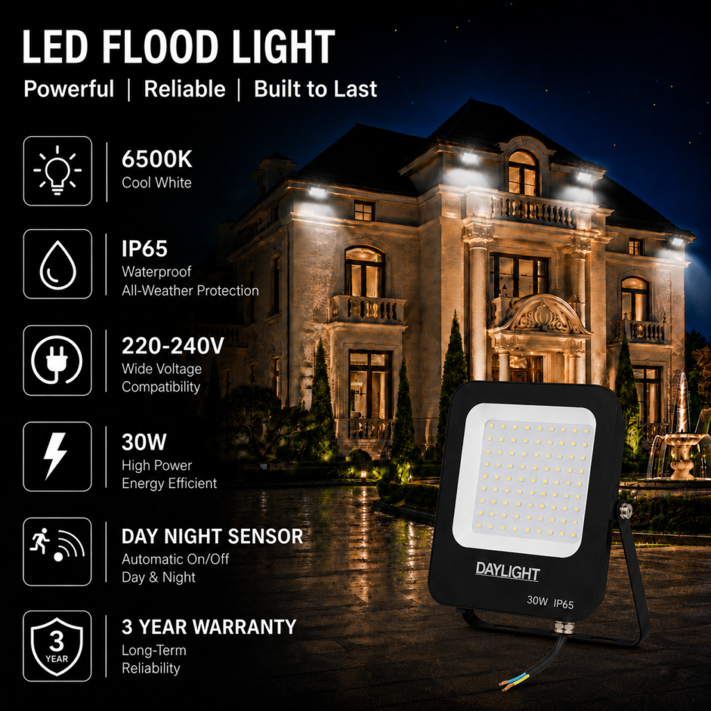 led flood light 30w prime day night range / 3000 lumens / area 100 m² / 6000k daylight / 120° angle