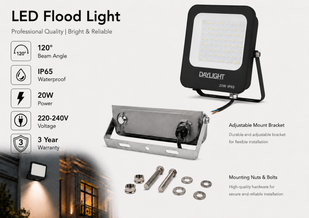 led flood light 20w prime day night range / 2000 lumens / area 70 m² / 6000k daylight / 120° angle