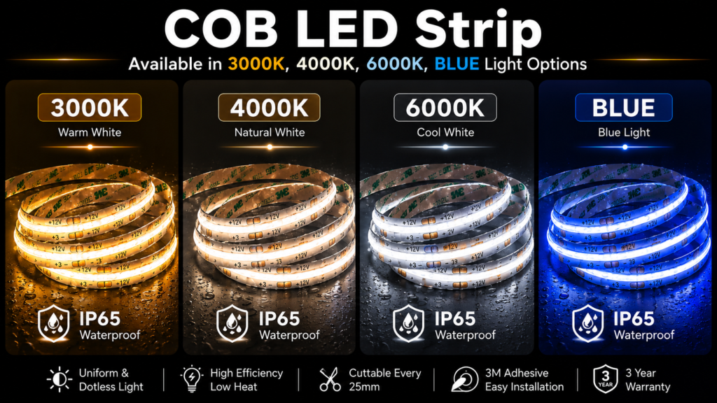 led strip lights / cob / 24v / 10w/m / warm / natural / cool white / blue / ip65 / 3 year warranty
