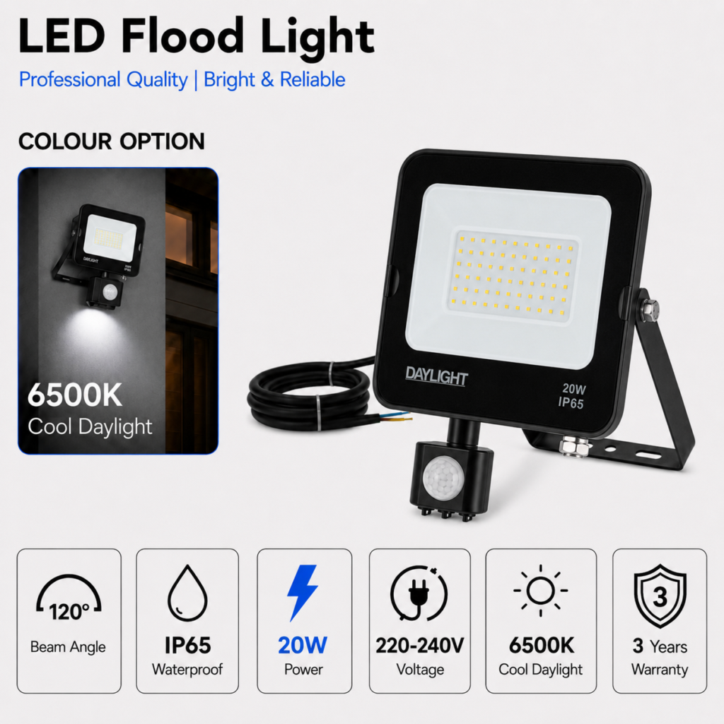 led flood light / 30w / motion sensor / 3300lm / 6500k / 3 year warranty