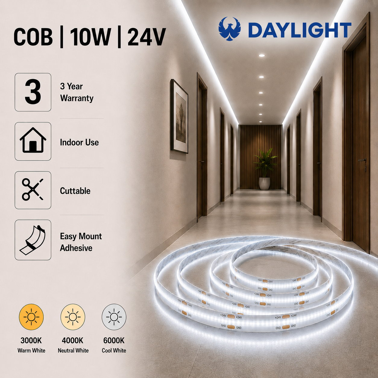 led strip lights / cob / 24v / 10w/m / warm / natural / cool white / ip20 / 3 year warranty