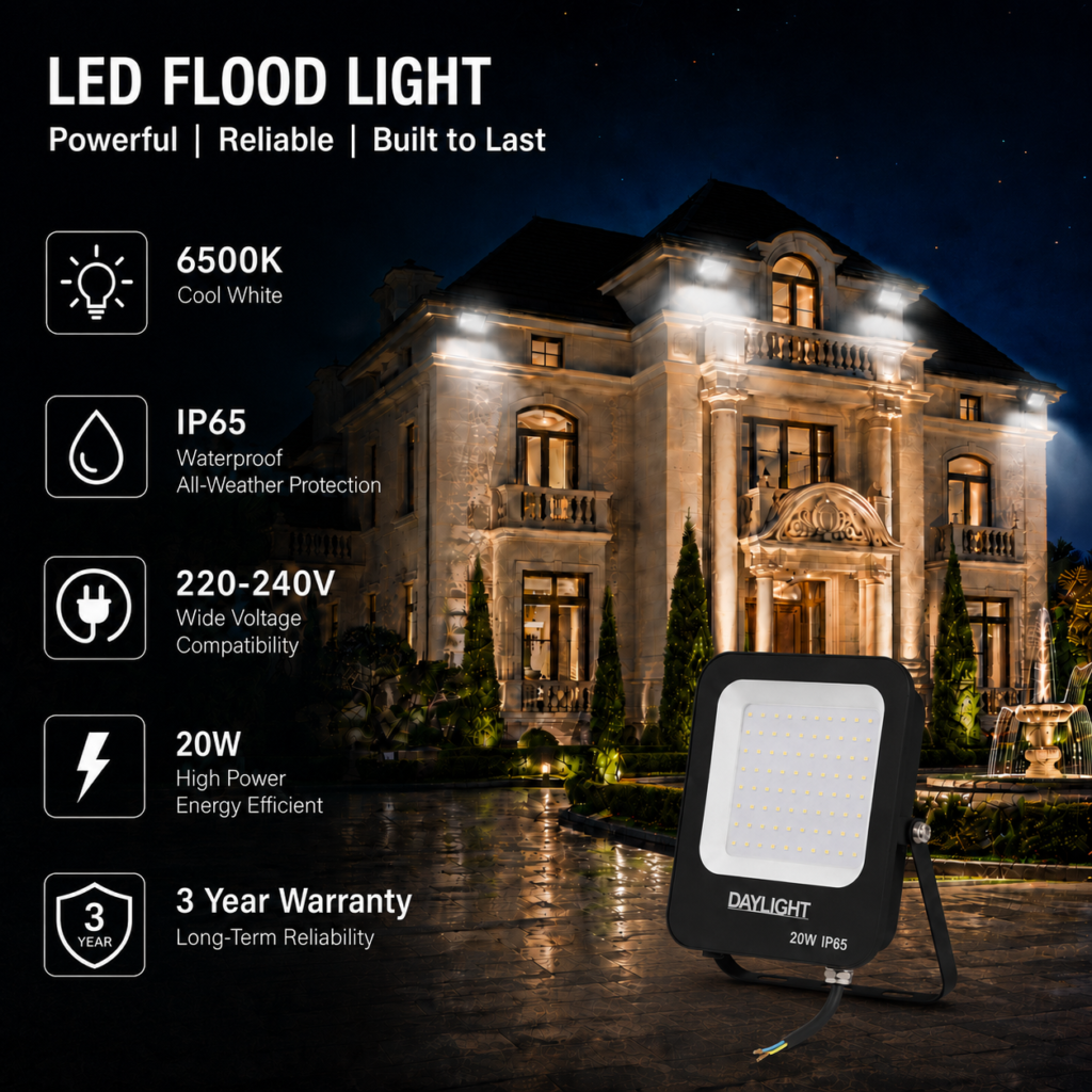 led flood light 20w prime day night range / 2000 lumens / area 70 m² / 6000k daylight / 120° angle