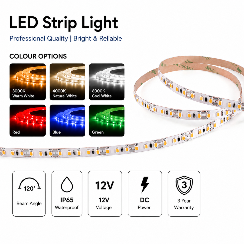 led strip lights / smd / 12v / 5.8w/m / 3000k / 4000k / 6000k / red / blue / green / ip65 / 3 year warranty
