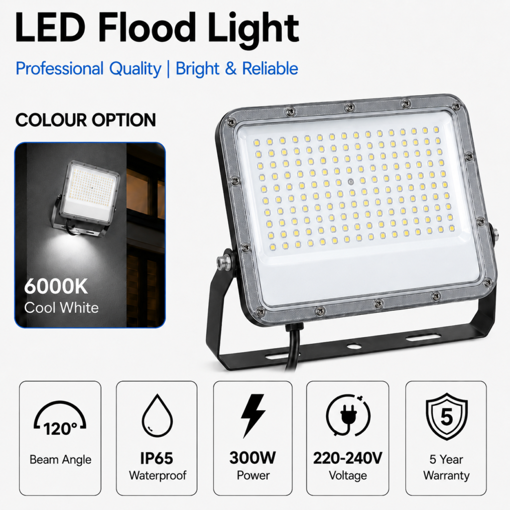 led flood light 300w premier coastal range / 33 000 lumens / area 500 m² / 6000k daylight / 120° angle
