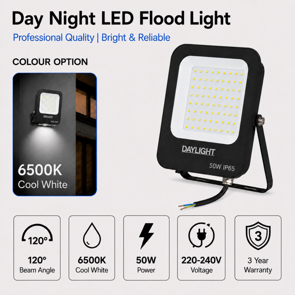 led flood light 50w prime day night range / 5000 lumens / area 250 m² / 6000k daylight / 120° angle