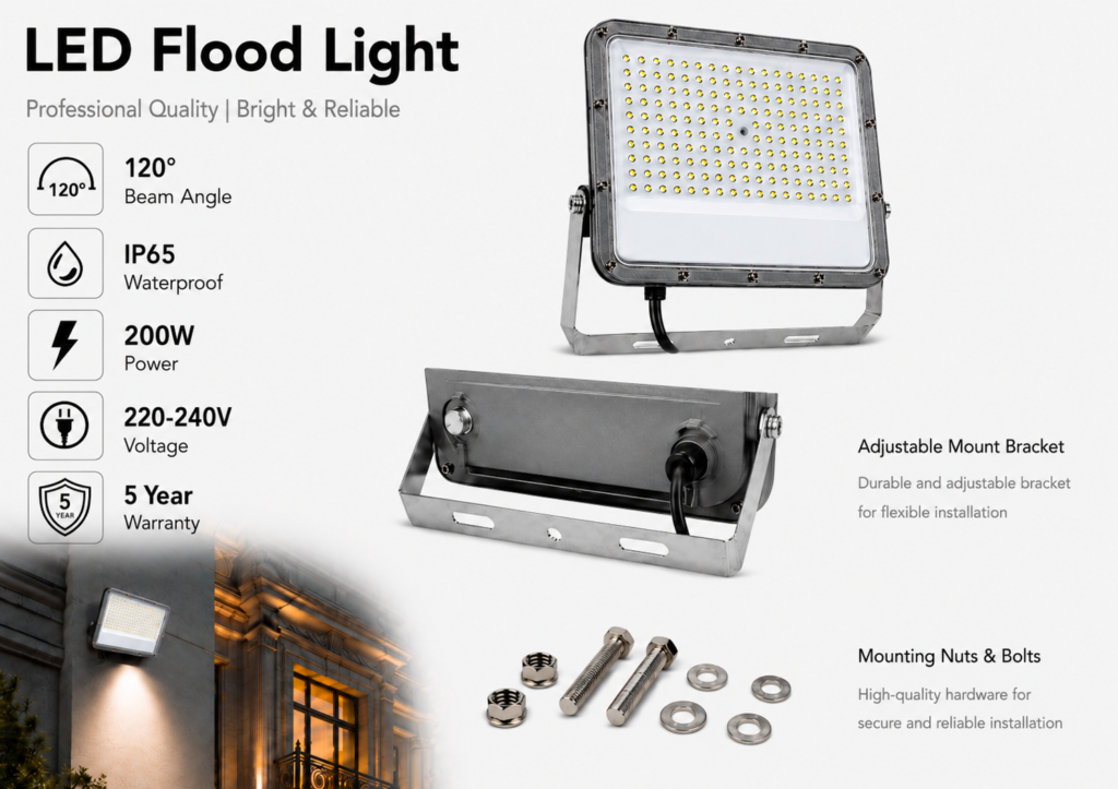 led flood light 200w premier coastal range / 22 000 lumens / area 500 m² / 6000k daylight / 120° angle