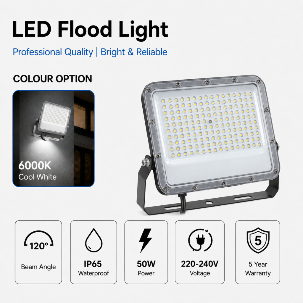 led flood light 50w premier coastal range / 5500 lumens / area 250 m² / 6000k daylight / 120° angle