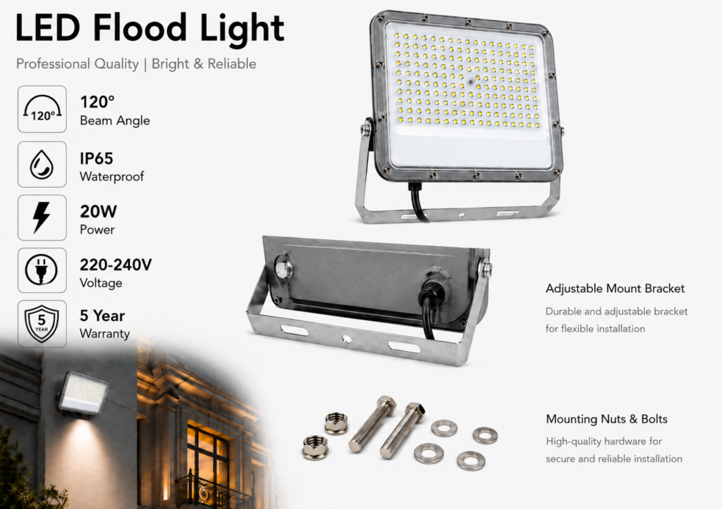 led flood light 20w premier coastal range / 2200 lumens / area 100 m² / 6000k daylight / 120° angle
