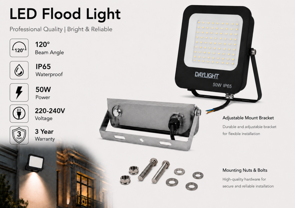 led flood light 50w prime day night range / 5000 lumens / area 250 m² / 6000k daylight / 120° angle