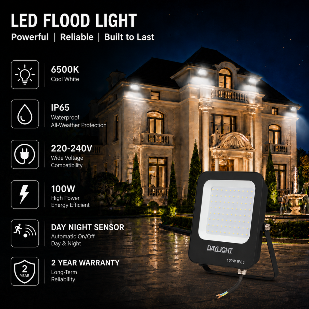 led flood light 100w prime day night range / 10 000 lumens / area 300 m² / 6000k daylight / 120° angle