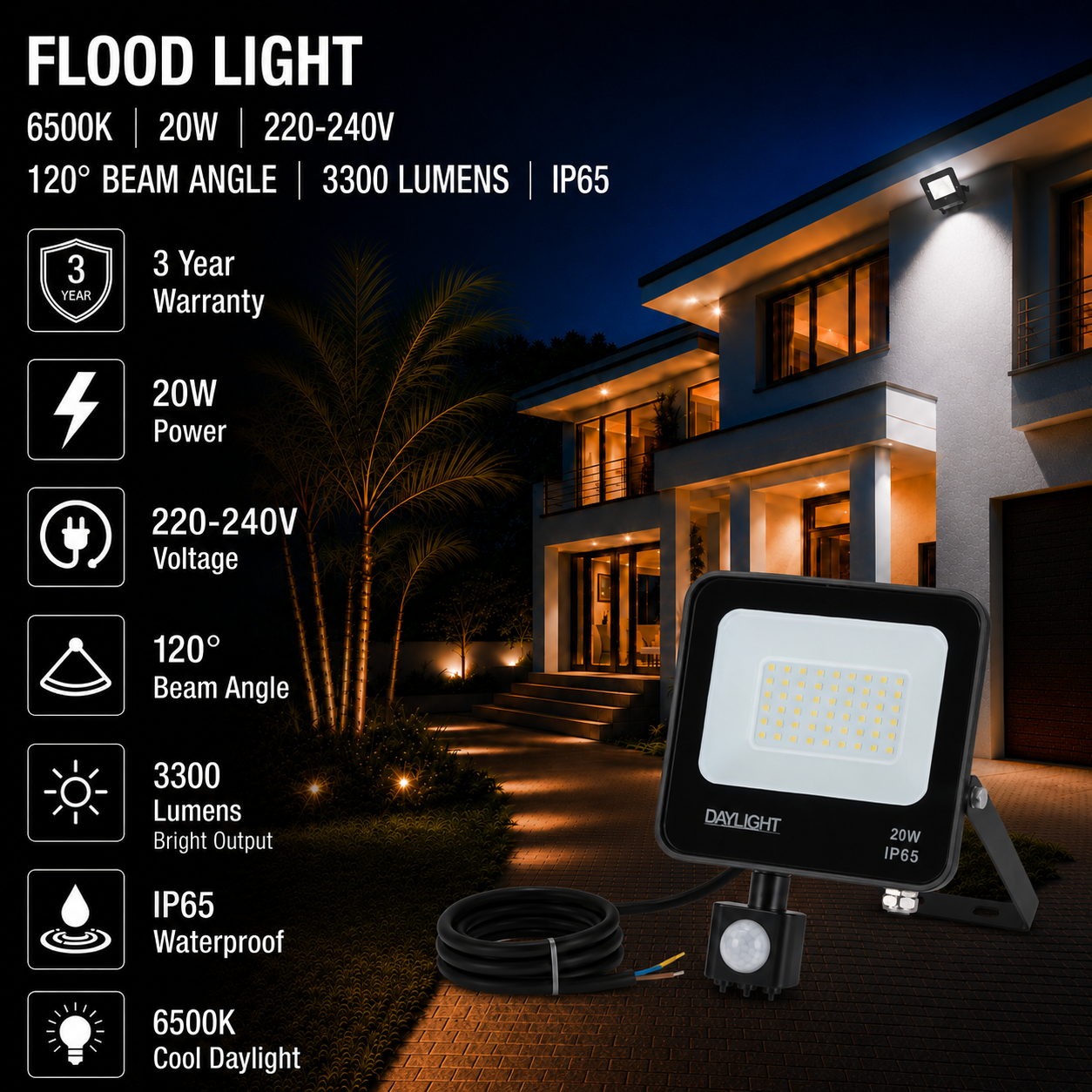 led flood light / 30w / motion sensor / 3300lm / 6500k / 3 year warranty