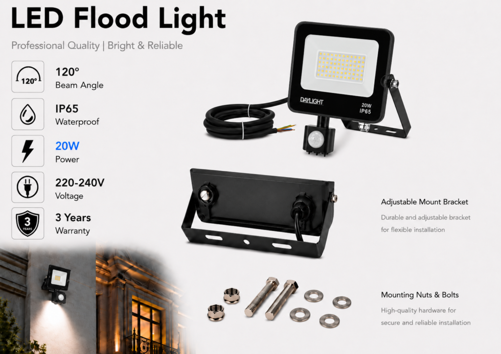 led flood light / 30w / motion sensor / 3300lm / 6500k / 3 year warranty