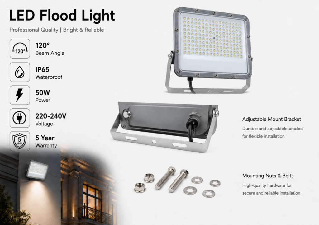 led flood light 50w premier coastal range / 5500 lumens / area 250 m² / 6000k daylight / 120° angle