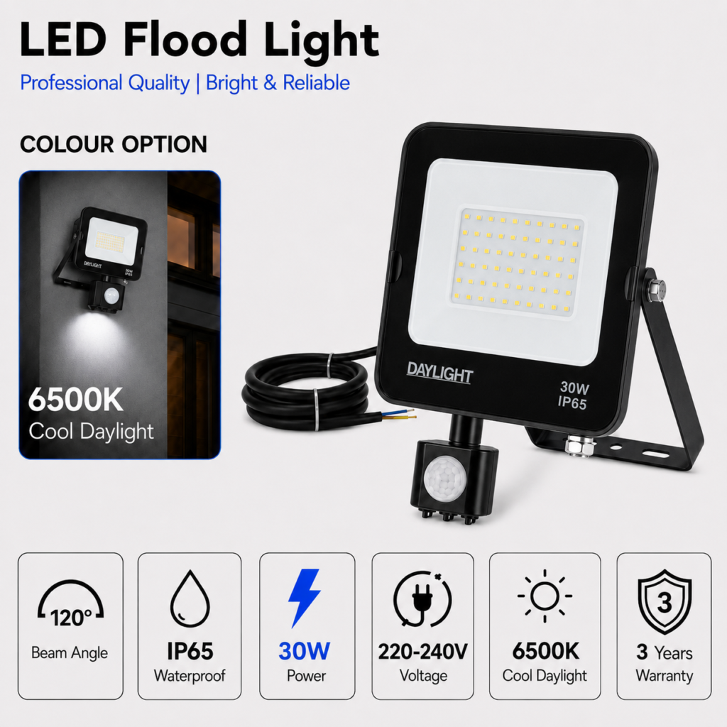 led flood light / 30w / motion sensor / 3300lm / 6500k / 3 year warranty