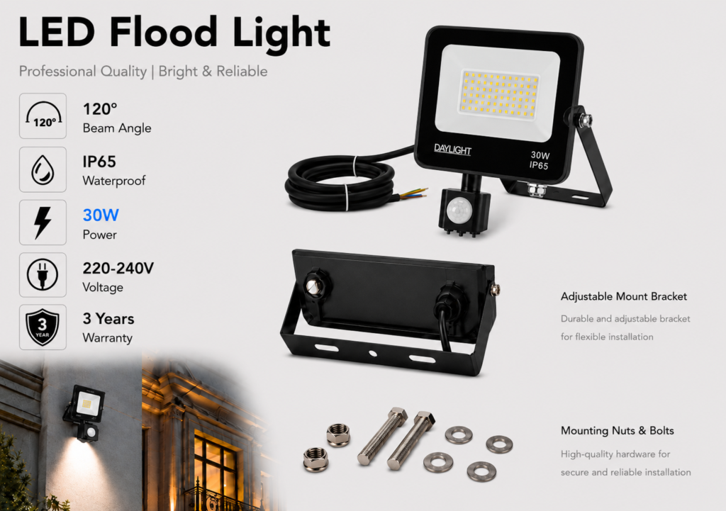 led flood light / 30w / motion sensor / 3300lm / 6500k / 3 year warranty
