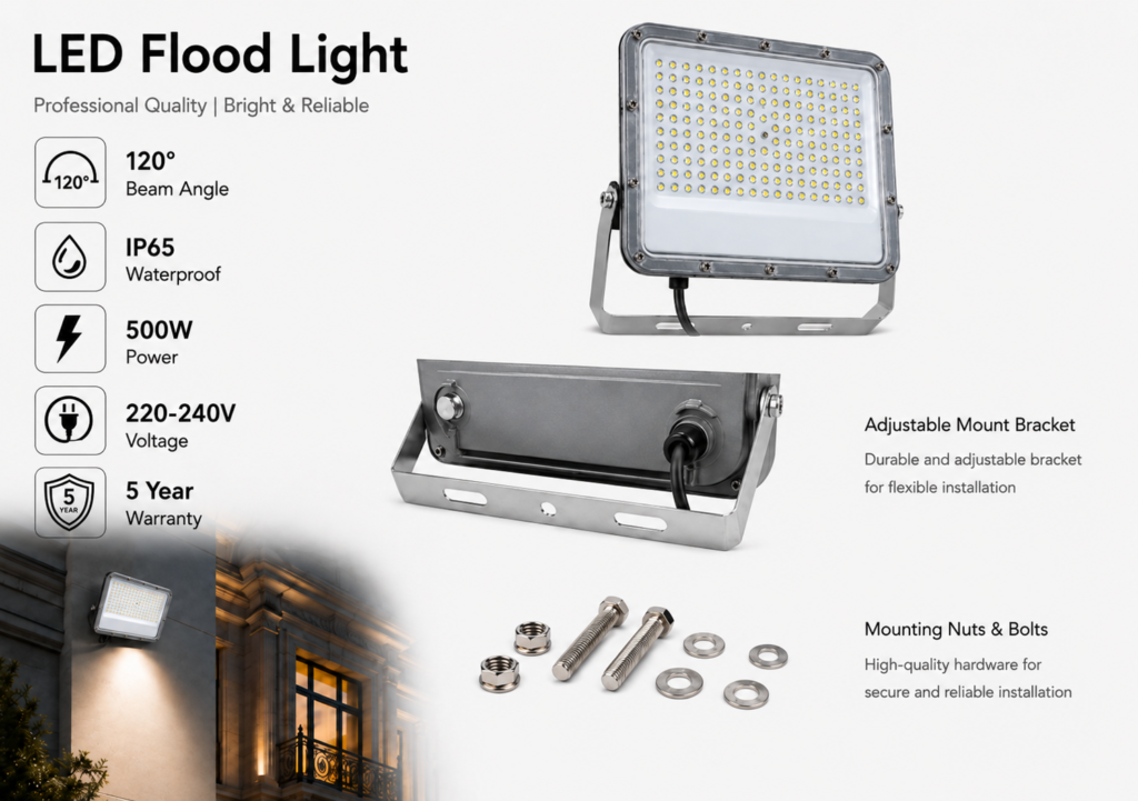 led flood light 500w premier coastal range / 55 000 lumens / area 500 m² / 6000k daylight / 120° angle