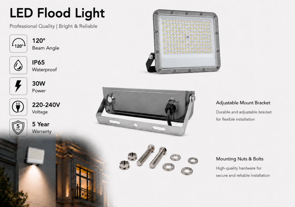led flood light 30w premier coastal range / 3300 lumens / area 100 m² / 6000k daylight / 120° angle